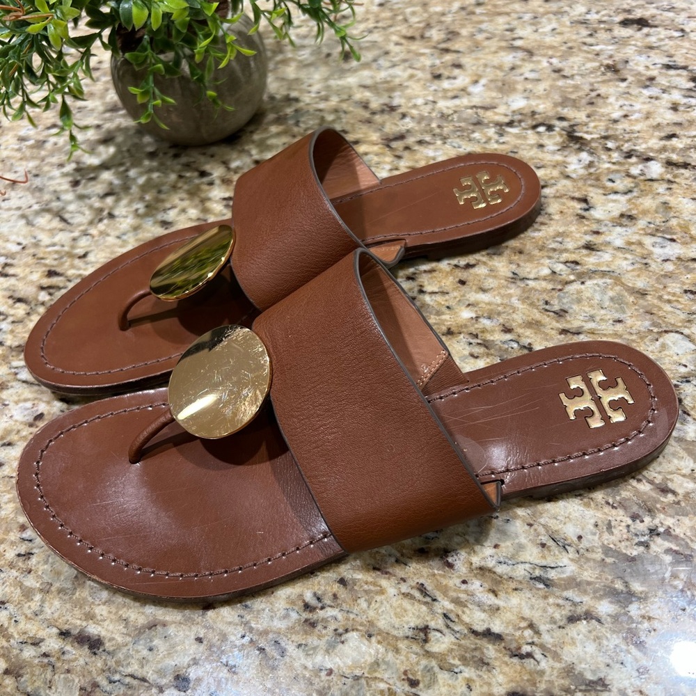 Tory Burch Patos Disk Brown Leather Flat Sandals 9.5